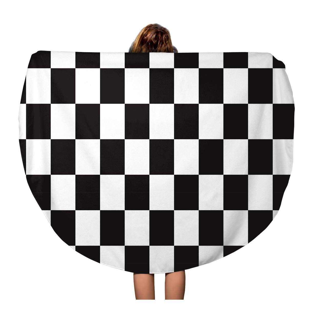 JSDART 60 inch Round Beach Towel Blanket Checker Black and White Racing