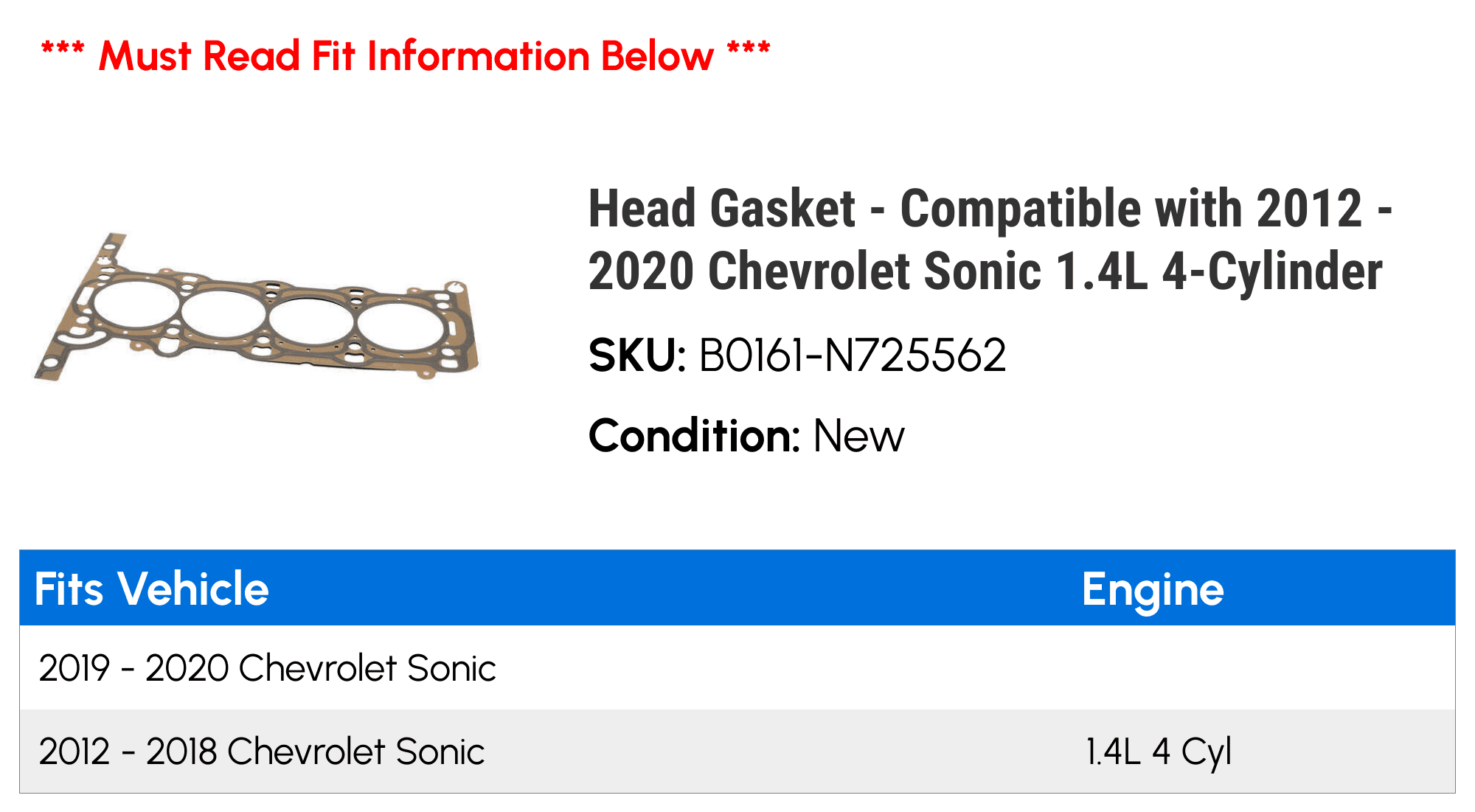 Head Gasket - Compatible with 2012 - 2020 Chevy Sonic 1.4L 4-Cylinder 2013 2014 2015 2016 2017 2018 2019