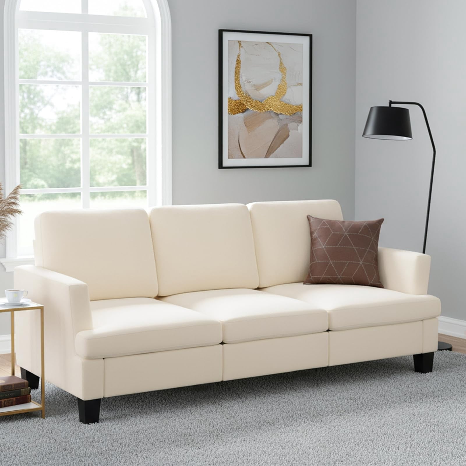 84" Mid Century Modern 3 Seater Sofa Couch, Deep Seat Upholstered Sofa with Armrests, Comfy Linen Couch for Living Room, Bedroom, Apartment & Office, Beige