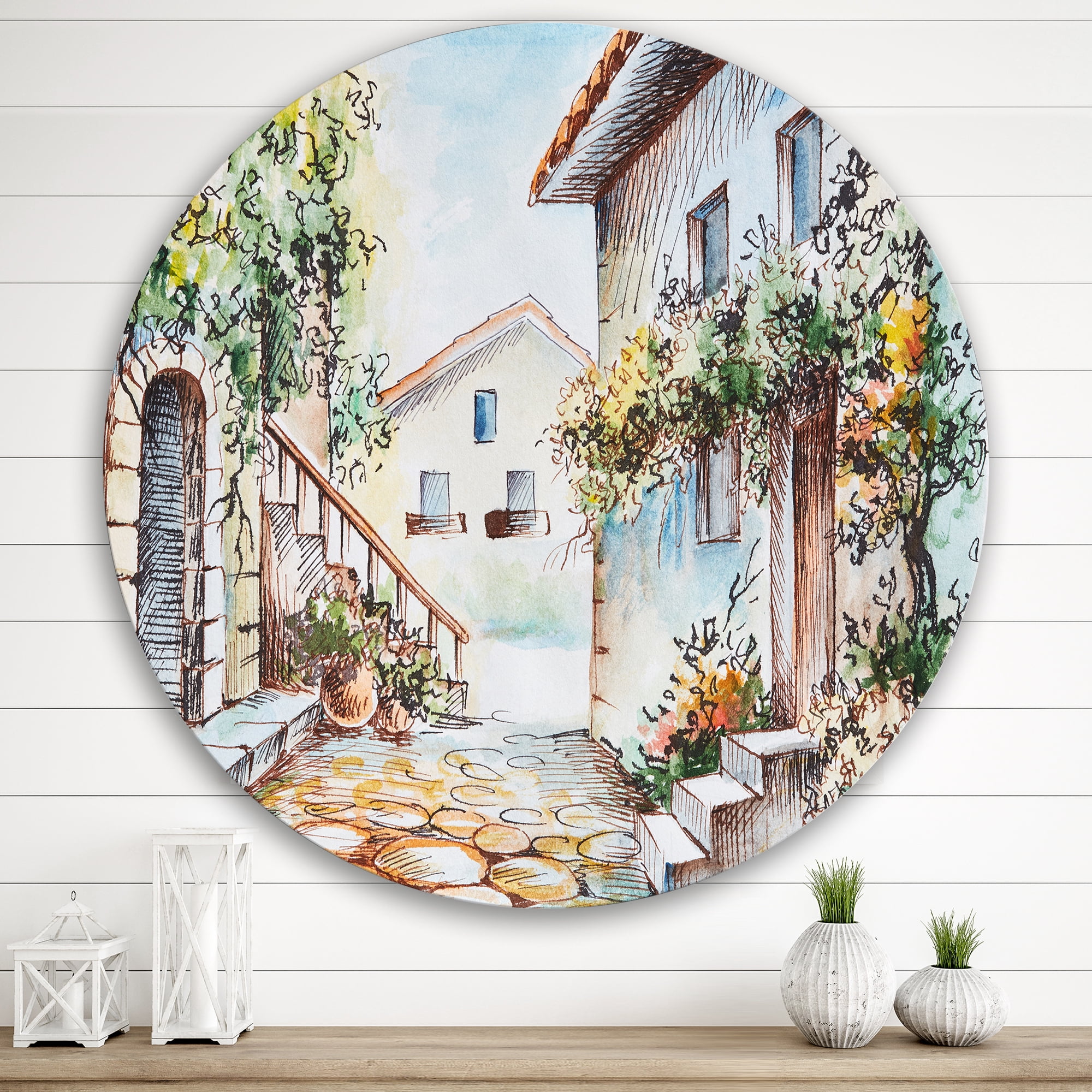 Designart 'Sunny Day At The Vintage City Cozy Street' Traditional Circle Metal Wall Art 36x36 - Disc of 36