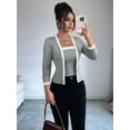 thumbnail image 4 of Women'S Contrast Colorblock Cardigan Vest Two-Piece Set Long Sleeve Cropped Cardigan Striped Shawl Grey S, 4 of 7
