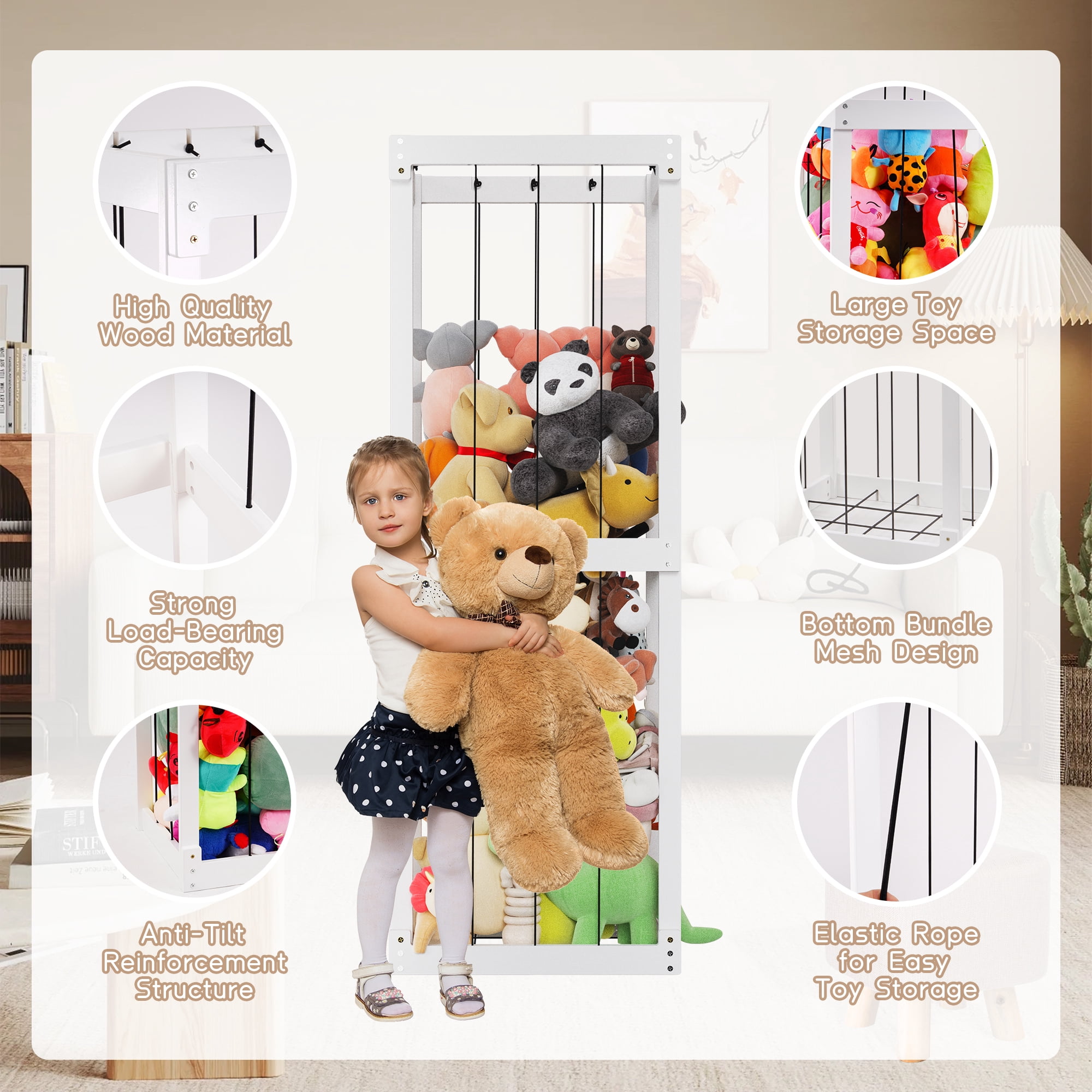 Peekabu Extra Large Stuffed Toy Storage, Stuffed Animal Holder Wooden Plush Storage, Organizer Shelf with Elastic Band for Birthday Gift for Toddler & Kid, Bedroom Decor Corner