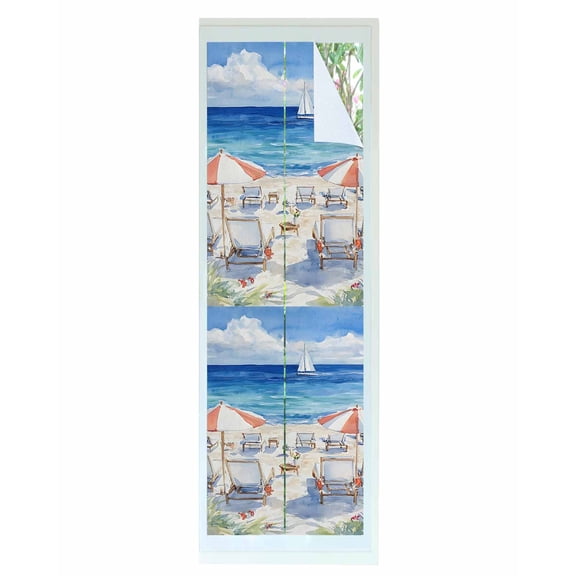 Window Privacy Film Sea Wave Blue Stained Glass Window Film Decorative Sun Block Window Cover Coastal Nautical Beach Flower Oil Painting Window Clings Static Adhesive Sticker for Bathroom 23.6"x78.7"
