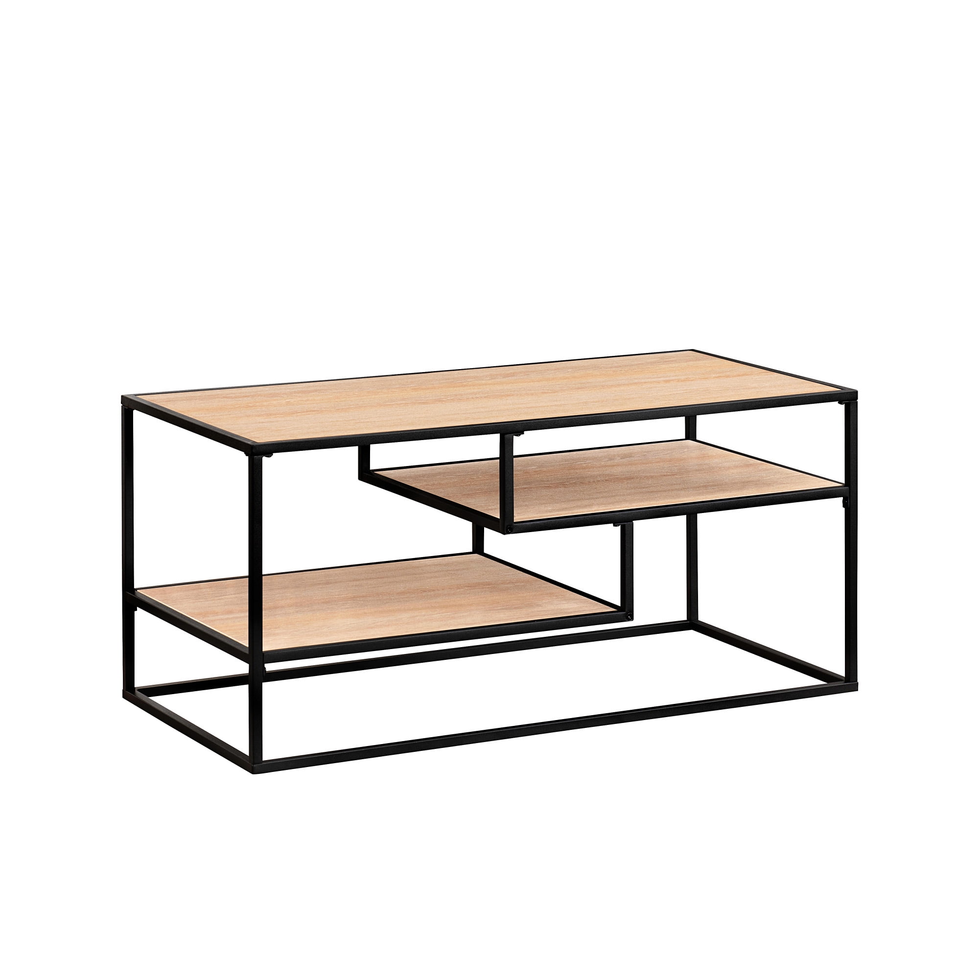 Walker Edison Contemporary Wood and Metal Tiered Coffee Table, Coastal Oak