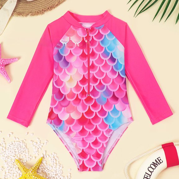 Zylarhe Girls Swimsuit, Long Sleeve Zipper Rash Guard Swimsuit for Toddler Girls Sun Protective Bathing Suit with Ruffle Design 4-5 Years Hot Pink