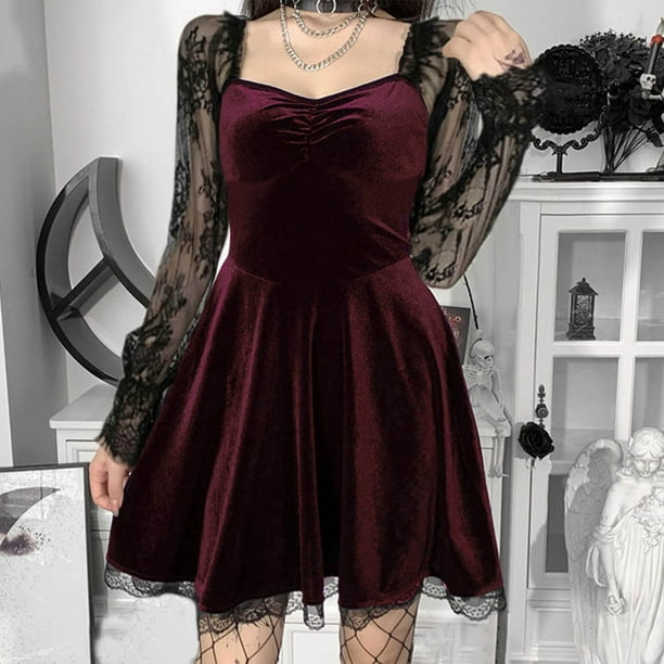 Vestido gótico de mujer de manga larga ahuecado de encaje