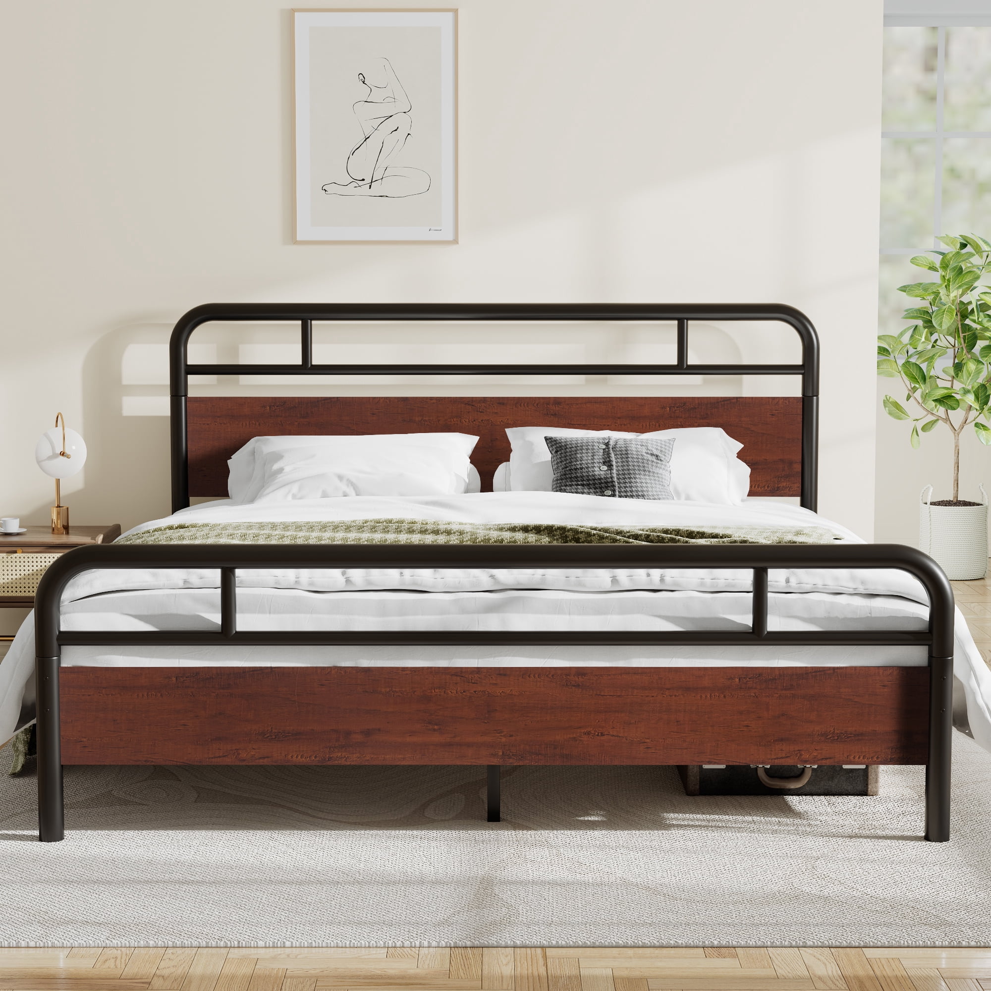 Sha Cerlin Dark Brown King Size Metal Platform Bed Frame with Industrial Heavy Duty Wooden Headboard