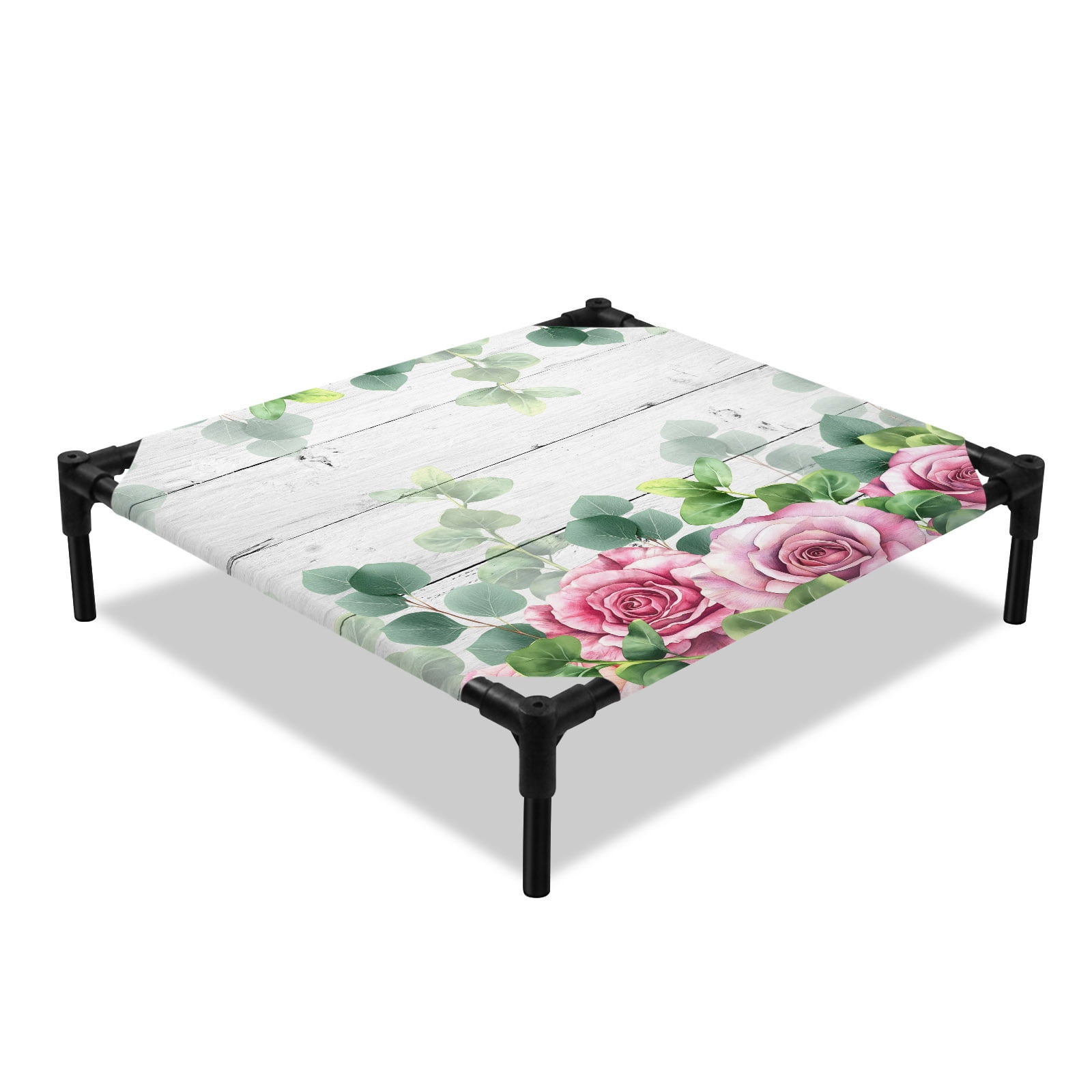 Roses Eucalyptus Leaf Elevated Dog Bed Spring Watercolor Floral White Wood Cooling Breathable Outdoor Raised Dog Cot Bed with Metal Frame Non-Slip Feet for Small Dog 20x20in