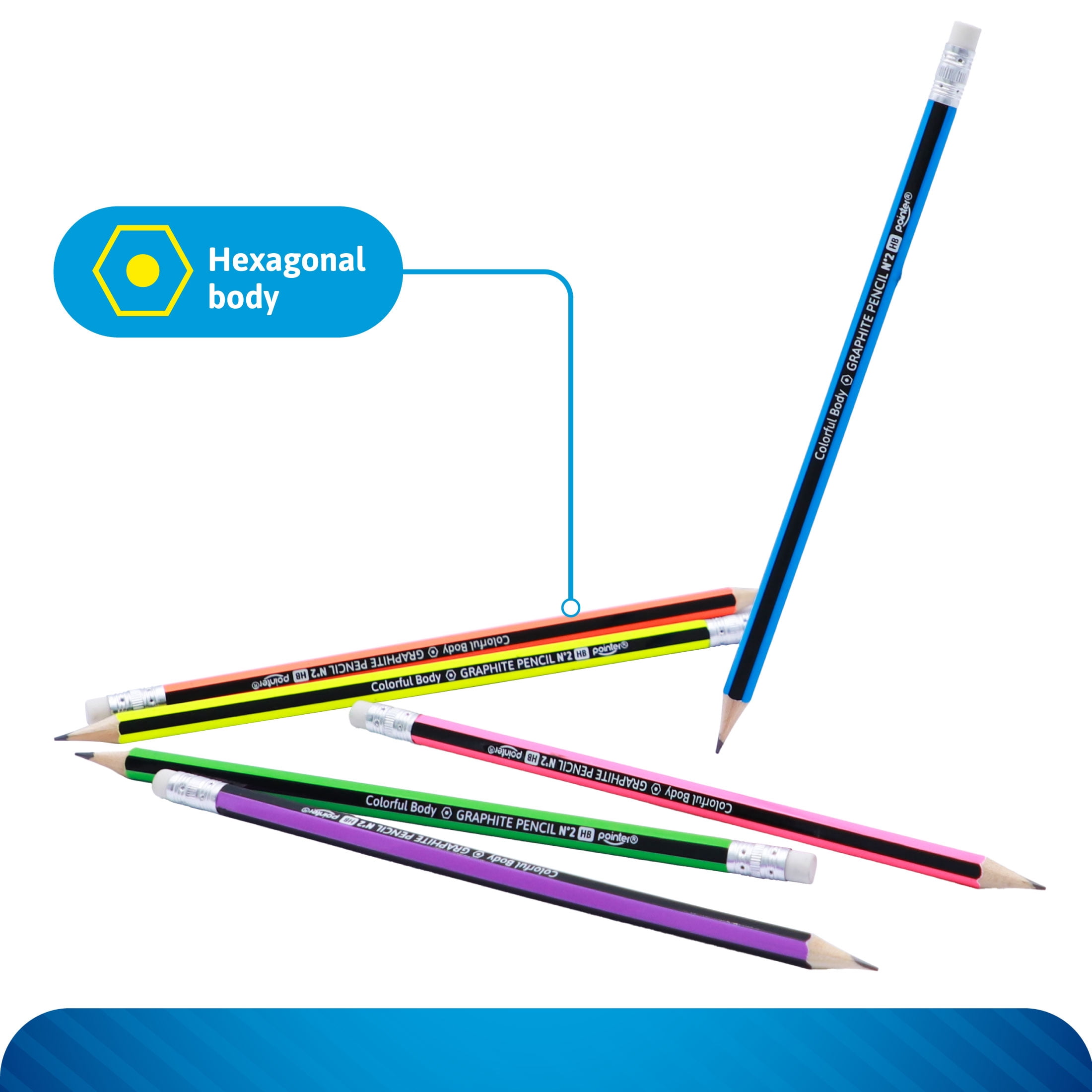 Pointer Colorful Body Graphite Pencils, Soft Eraser, HB, 12 Count, 12 pack