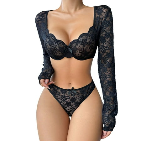 Yuhangmm Women s Underwear Lace Lace Adolescent Clothing Sexy Long Sleeve Underwear Bra Set Rhinestone Lingerie for Women Set