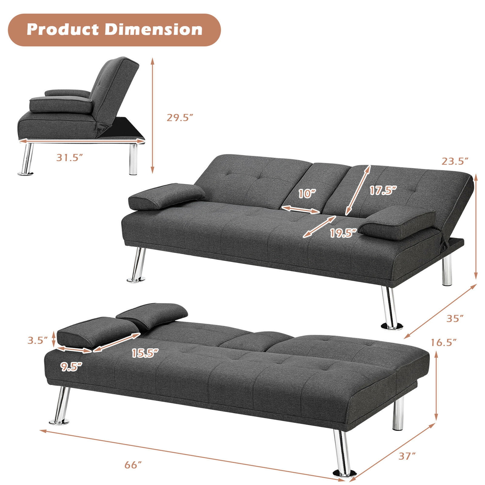 Gymax Folding Futon Sofa Bed Fabric w/2 Cup Holders Dark Gray