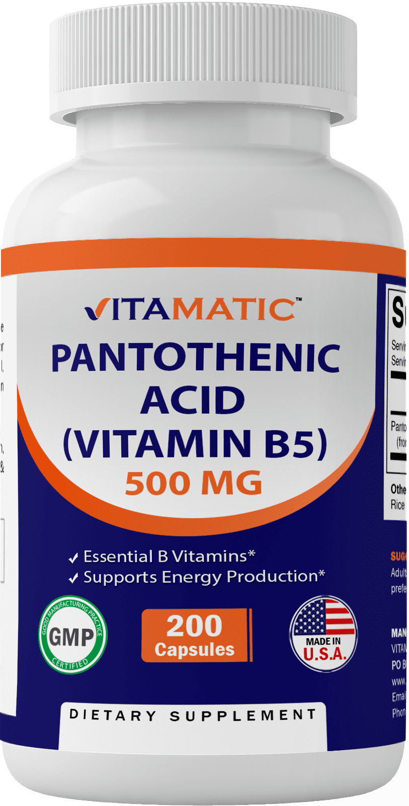 Vitamatic Pantothenic Acid (Vitamin B5) 500mg, 200 Capsules