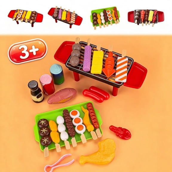 Pretend Play BBQ Grill Set for Kids with Play Food, Barbecue Cooking Role Play Toy, Top Christmas Birthday Holiday Gift, Fun Educational Fine Motor Toy for Toddler Boys Girls Ages 3