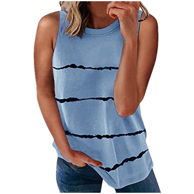 MRULIC T-Shirts pour Femmes Mode T-shirt Sans Manches Ample Col Rond Imprimé Rayé Hauts T-Shirts pour Femmes Bleu + 5TG