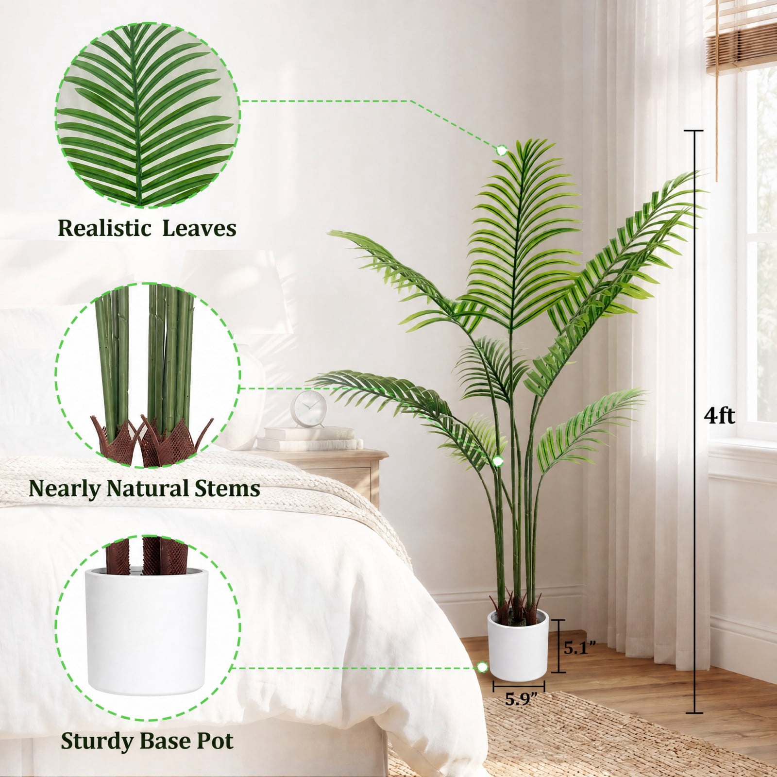 BEAUTYPEAK 4FT Artificial Palm Plants Fake Pre Potted Faux Green Tree Fake House Plants Indoor Outdoor Floor Plant