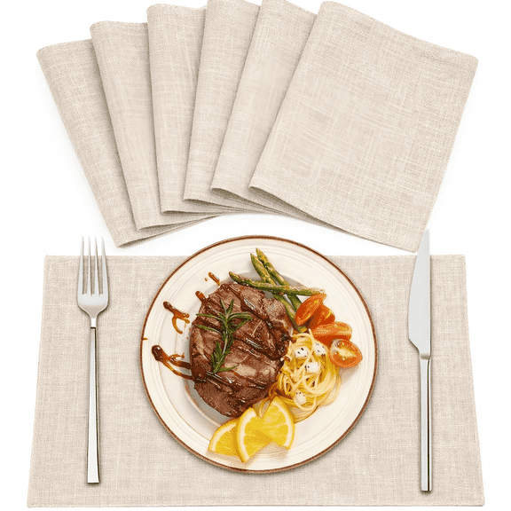 Wuxiuli Cotton Linen Table Mats Set of 6, Washable Fabric Place Mats for Birthdays and Dining, Neutral Beige Placemats Set of 6, 11.8 x 18 Inch