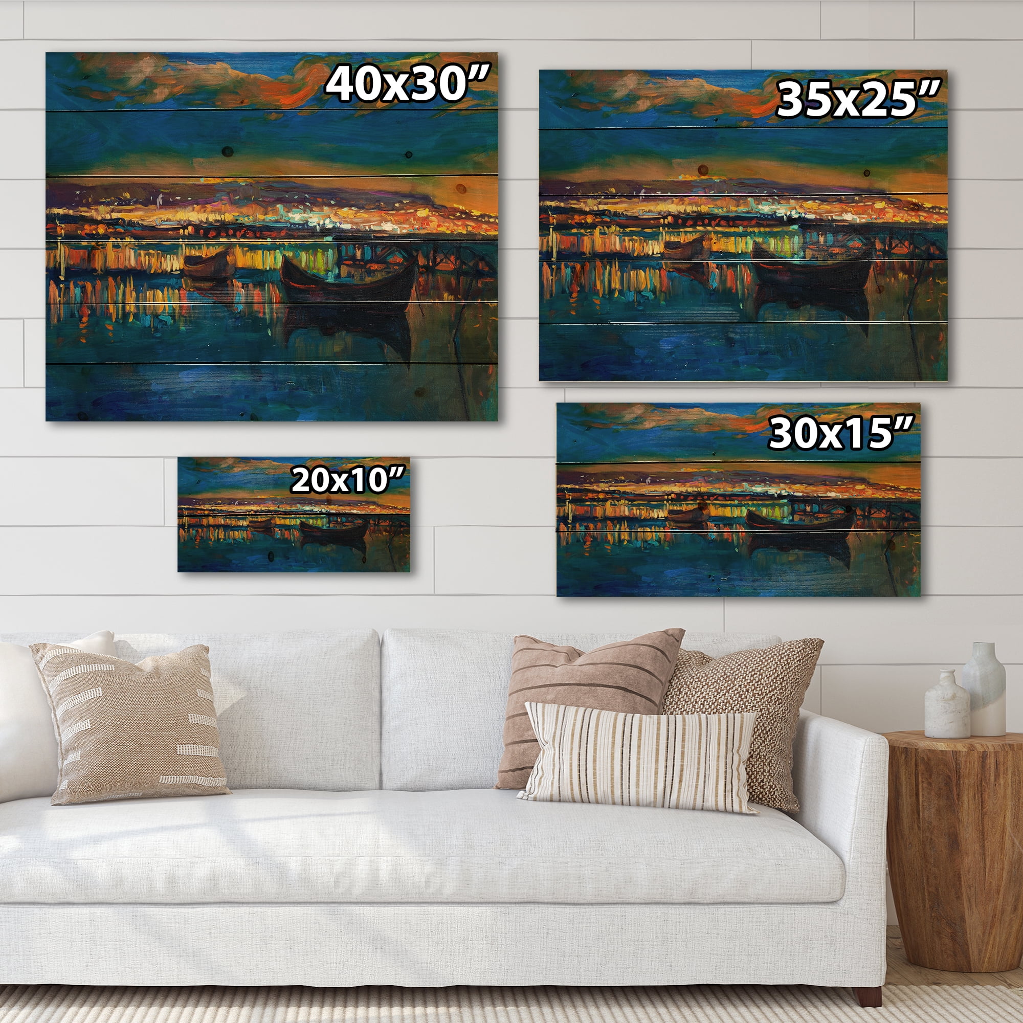 Designart 'Two Little Boats In The VIllage Harbor Ar Night' Nautical & Coastal Print on Natural Pine Wood