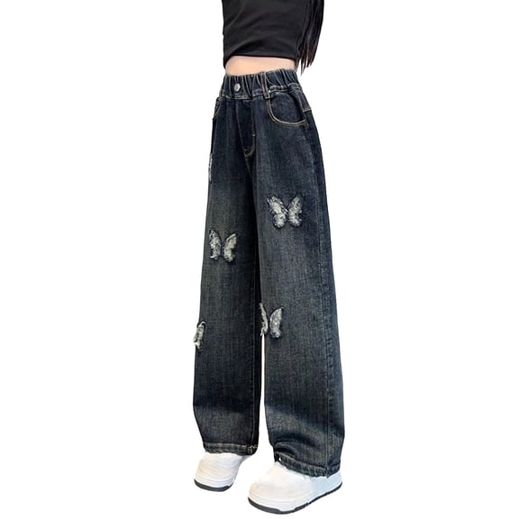 XXWXYD Girls Straight Leg Jeans Girls High Waist Ripped Jeans Y2K Butterfly Baggy Patchwork Denim Pants Cute Destroyed Boyfriend Skater Jeans Loose Aesthetic