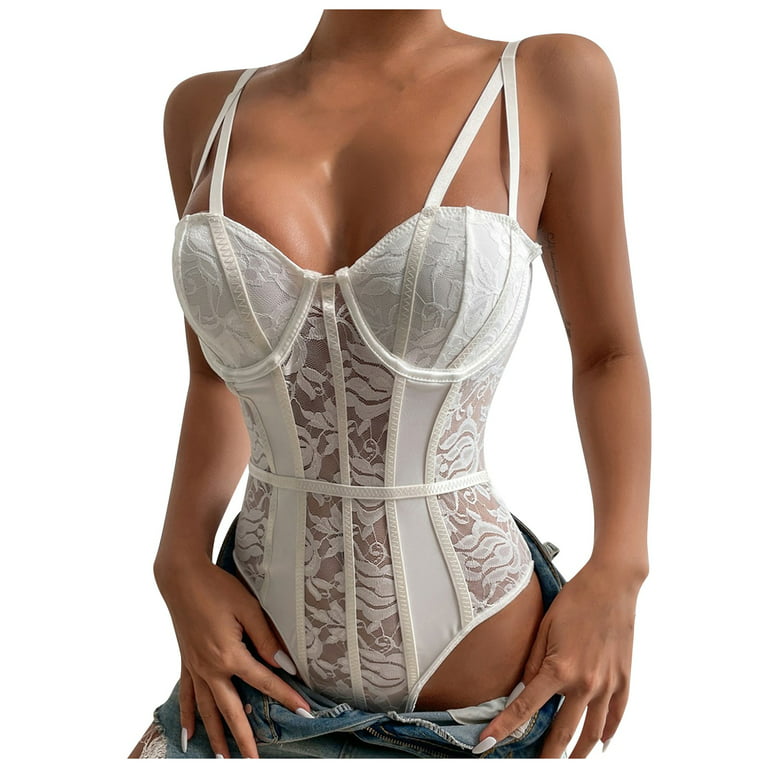 Womens Spaghetti Adjustable Corset Top Bodysuit Bustier Lace Tops