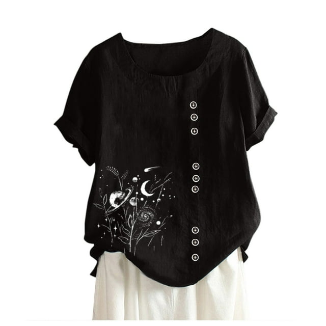 Pompotops Womens Casual Loose Button Linen Plus Size Daily Boho Tanic T-Shirt Blouse Tops