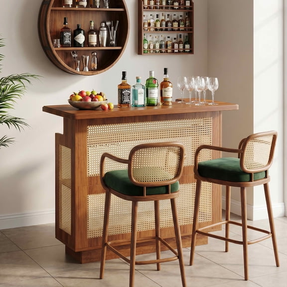 MAYEERTY Rattan Home Bar Unit, 4 Tier Liquor Wine Bar Cabinet with Stemware Racks, Farmhouse Brown Beverage Storage Cabinet for Living Room Basement