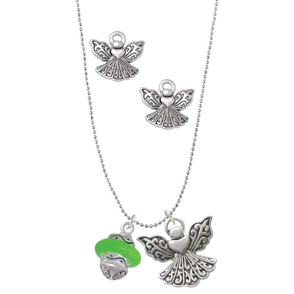 Delight Jewelry Silvertone Lime Green Center Spinner Silver tone Guardian Angel Charm Necklace and Stud Earrings