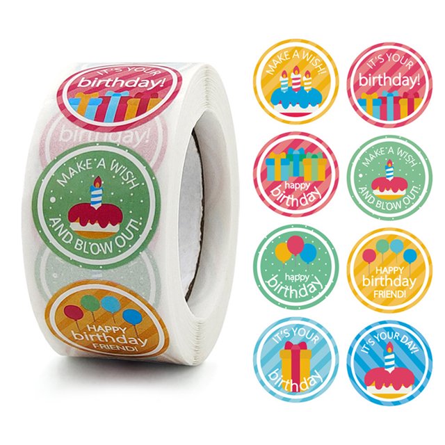 CAROOTU Cartoon Happy Birthday Stickers Roll 500-Count Stickers Round Birthday