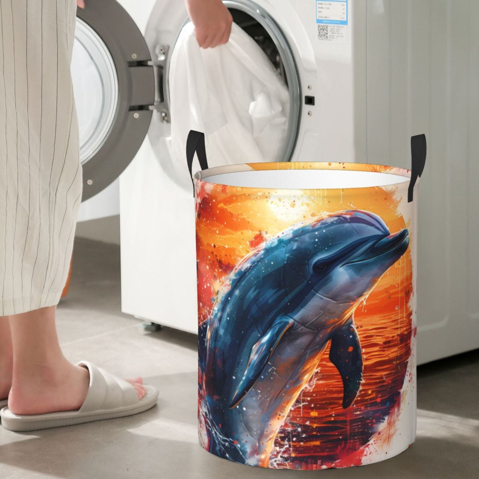 Large Laundry Basket with Handles - Sunset Ocean Watercolor Dolphin Kids Baby Dirty Clothes Laundry Hamper for Bedroom Aesthetic