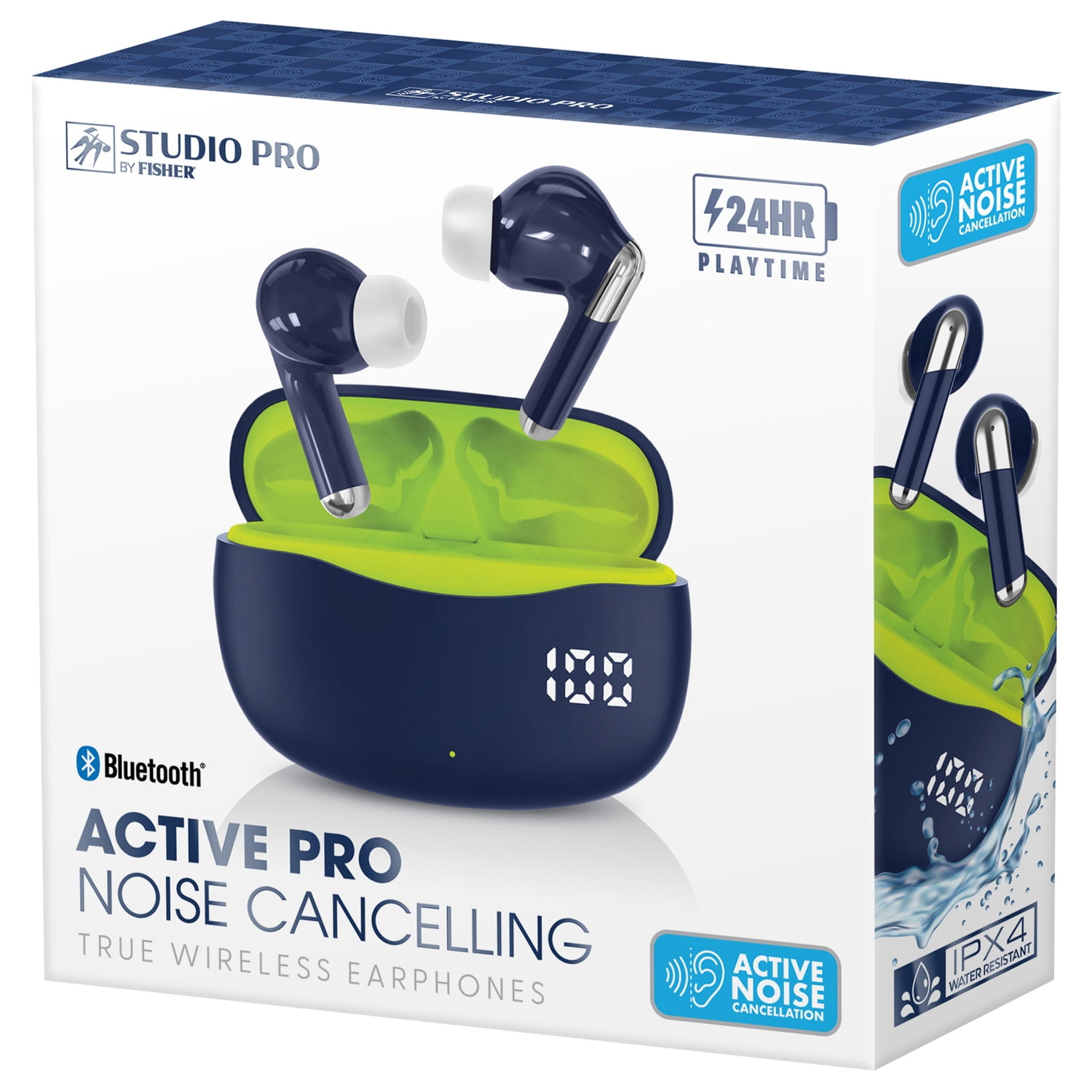 STUDIO PRO by FISHER Active Pro TWS Bluetooth In-Ear Earbuds with Mics and LED Charging Case, ANC, up to 20 Hours Play Time, IPX4 Sweatproof , Navy Blue