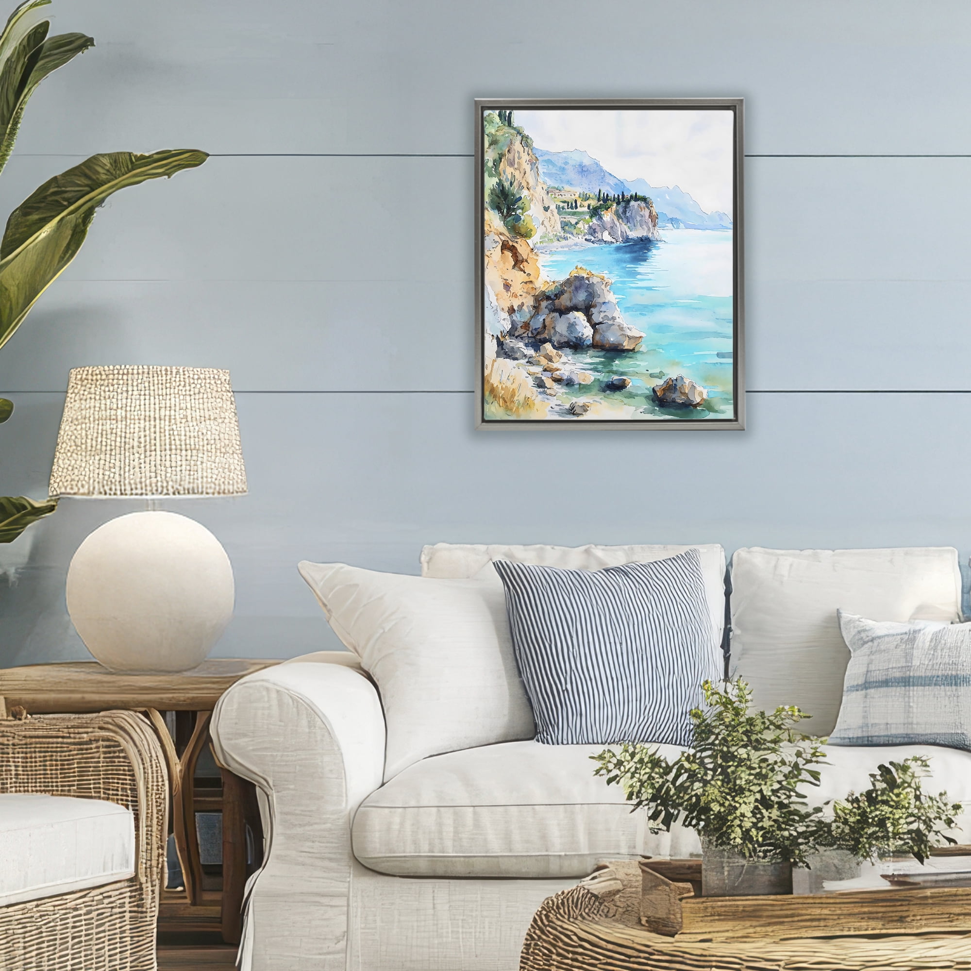 Stupell Industries Azure Italian Coastline Gray Framed Floater Canvas Wall Art, design by LSR Design Studio