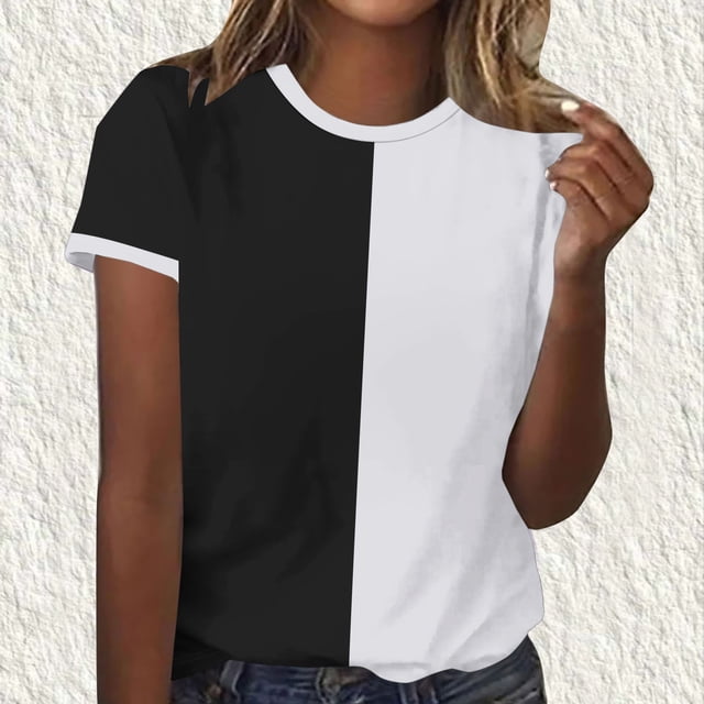 Offre à Durée Limitée Iumwxz T-Shirt Décontracté Coupe Classique Hauts Basiques Blouses pour Femmes Tunique à Imprimé Bloc de Couleur Manches Courtes Col Rond Hauts pour Femmes Offres du Jour Usage Quotidien Décontracté