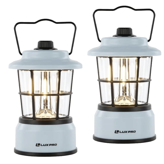 LuxPro LP1535 Retro LED Lantern, 265 Lumens, Blue, Battery Powered, Emergency Light, 2-Pack