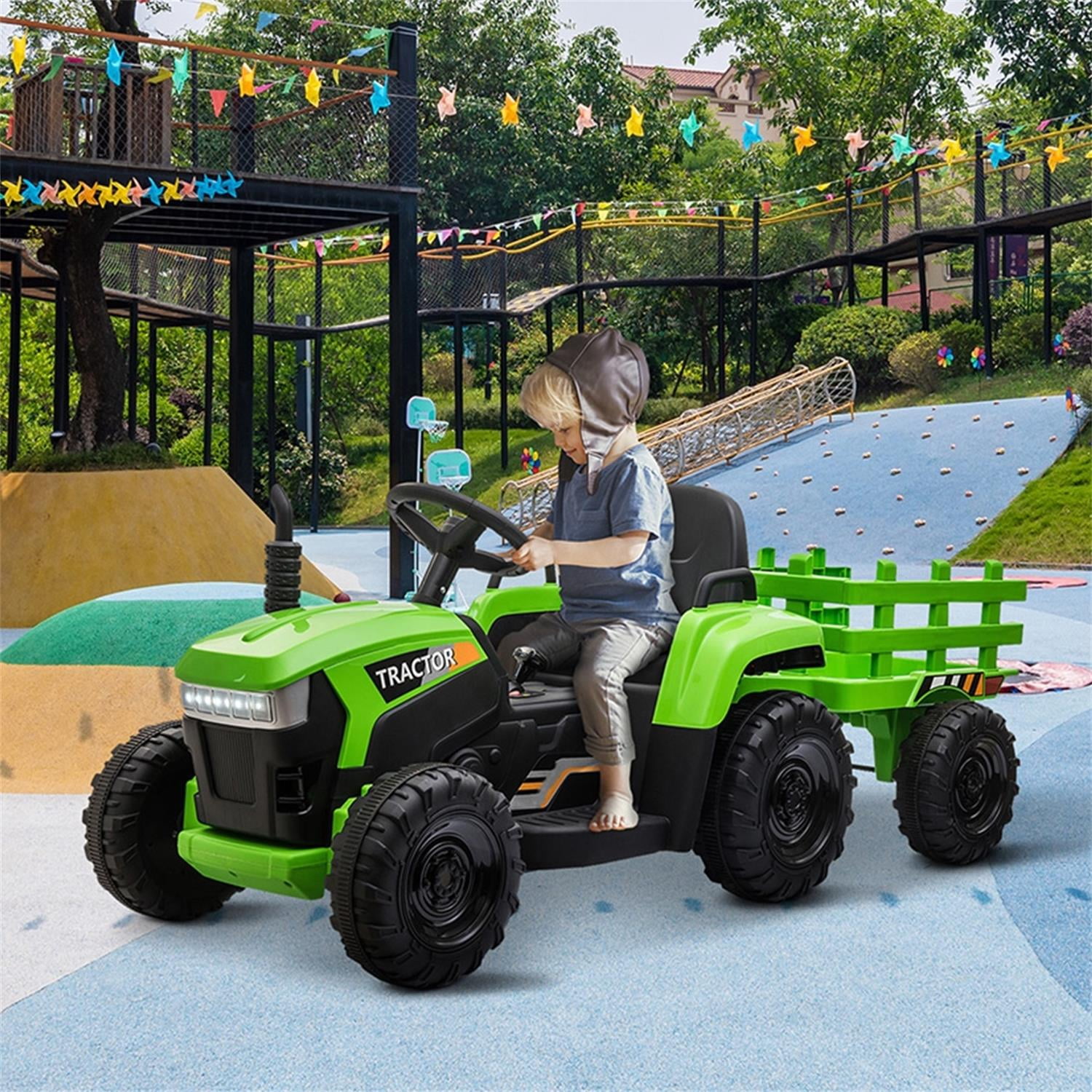 CIPACHO 12V Battery-Powered Toy Tractor with Trailer and 35W Dual Motors, 3-Gear-Shift Ground Loader Ride On with LED Lights and USB Audio Functions, Light Green