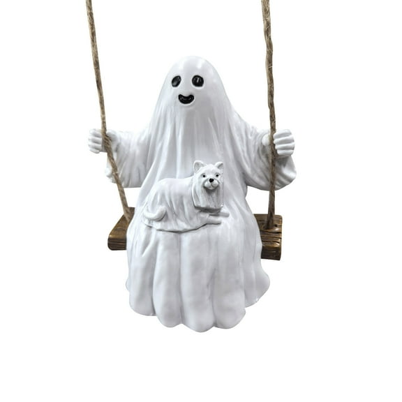 Sunshinehomely Halloween Ghost Dog Statue, Halloween Ghost Walking Dog Statue Decor, Spooky Ghost Dog Halloween Figurine, Halloween Cute Swing Ghost with Dog Hanging Decorations