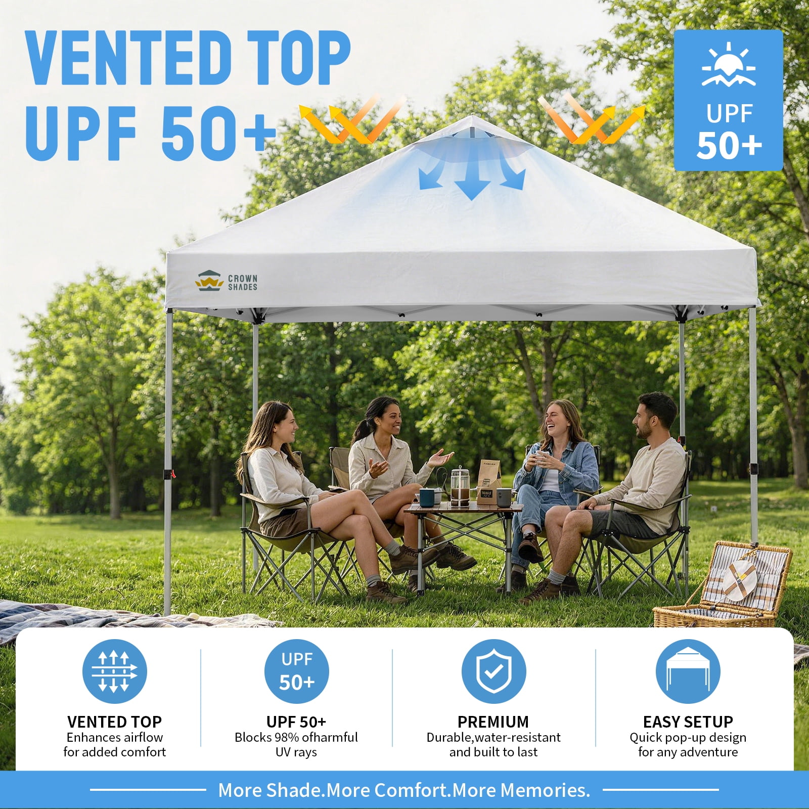 CROWN SHADES 10'x10' Instant Canopy Tent with 1 Sidewall with One Push Setup Sun Shelter for Events Parties White