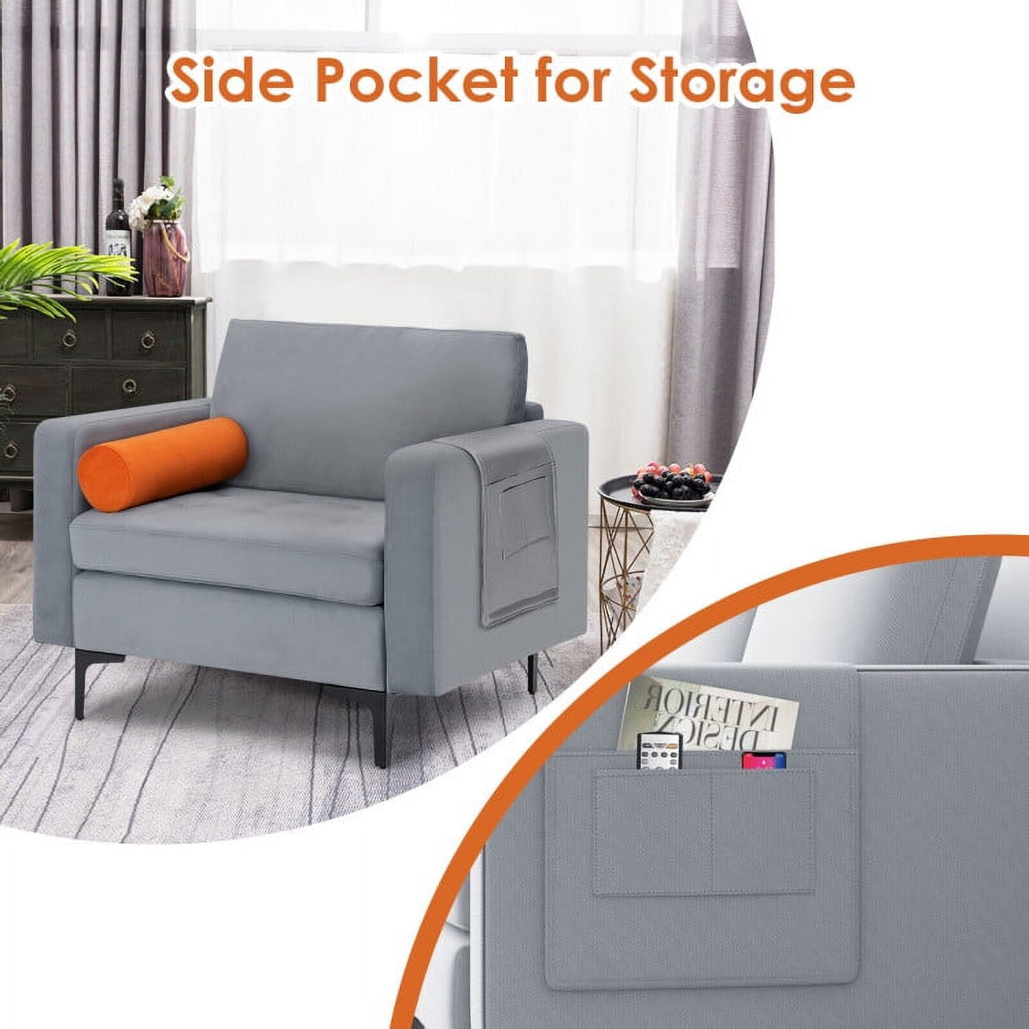 Finihen Upholstered Accent Sofa Chair, Modern Single Sofa with Cushion Bolster and Side Storage Pocket, for Living Room, Bedroom, Light Gray