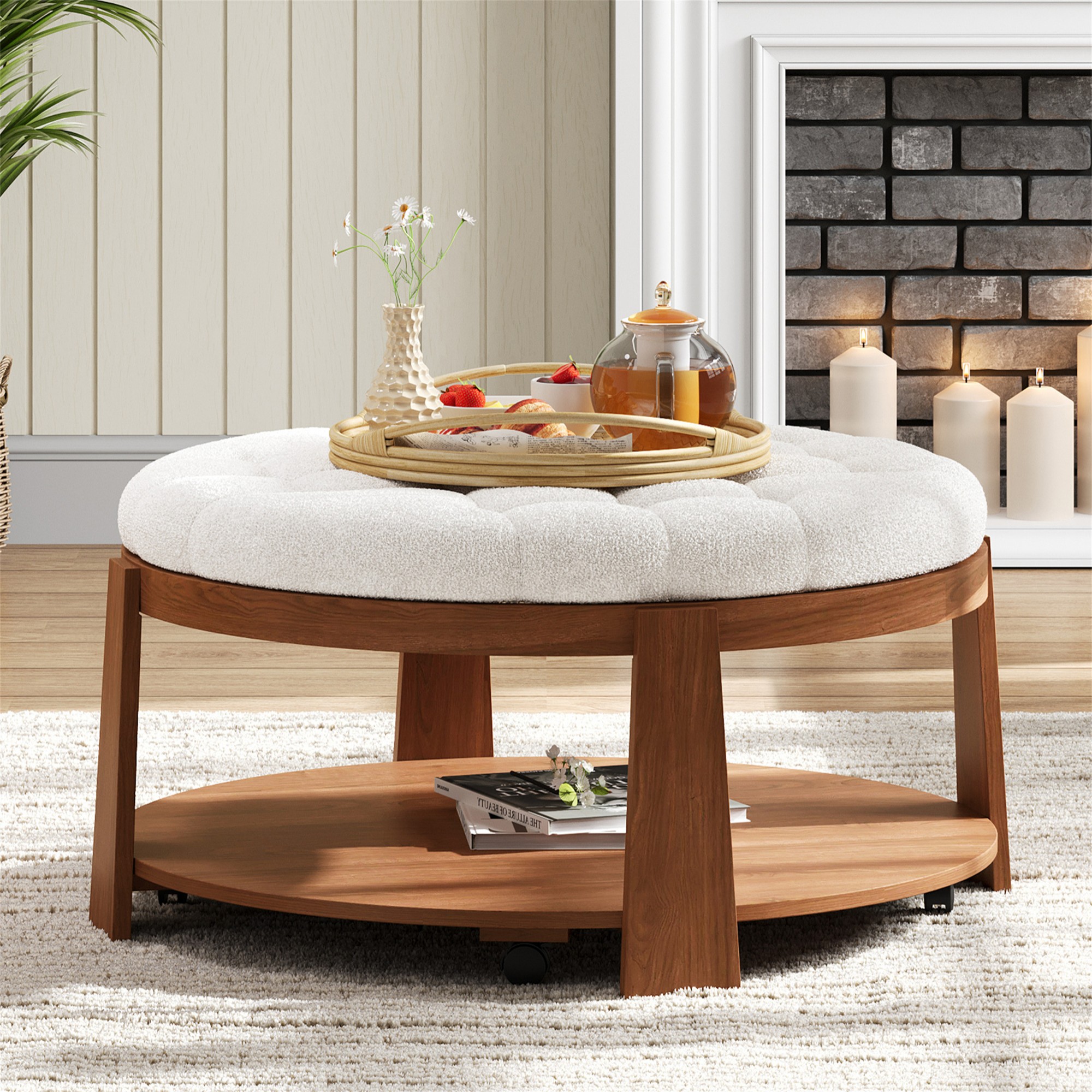 Leumius Coffee Table,2-Tier Round Oversized Button Tufted Ottoman with Wood Shelf Storage for Living Room,Ivory White