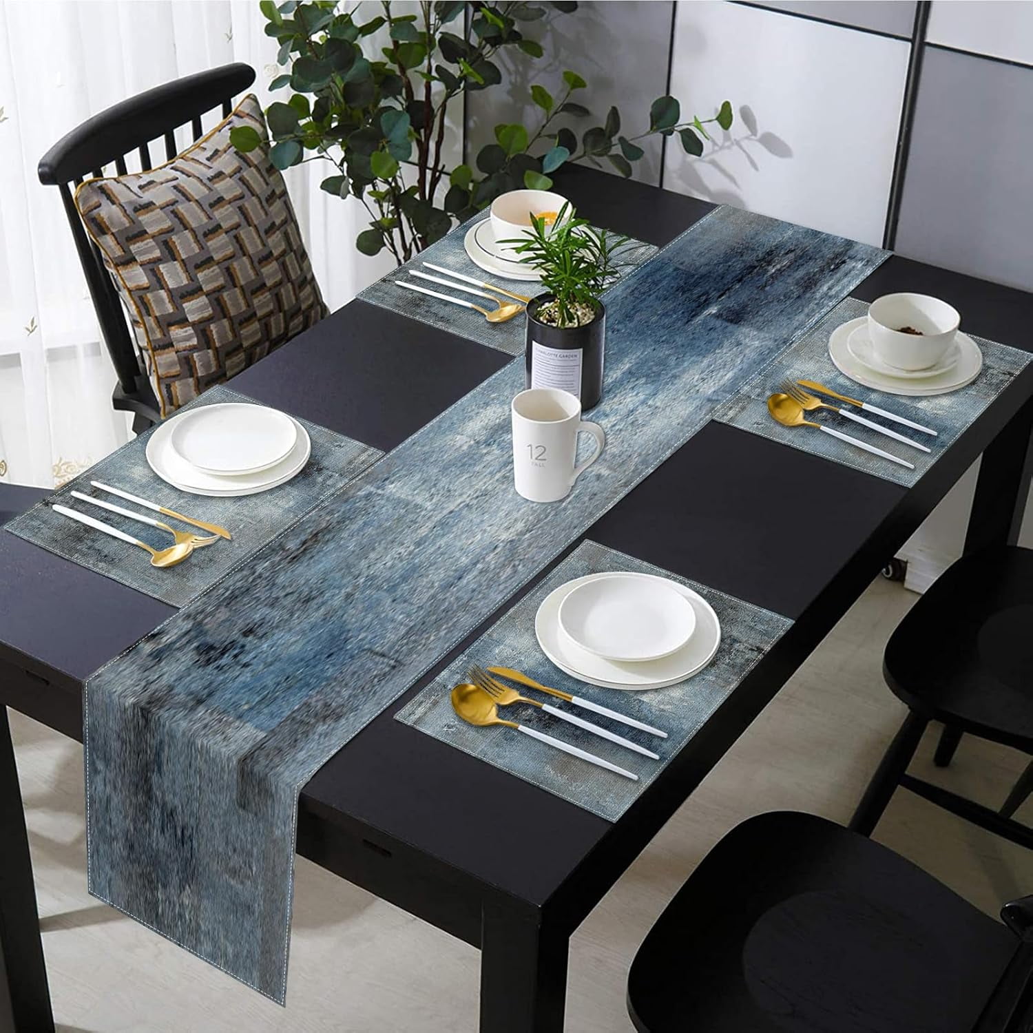 Vintage Blue Grey Table Runner and Placemats Set of 6, Modern Abstract Painting Art Dining Decor for Daily Use(1 Table Runner 72 inches Long and 6 Placemats)