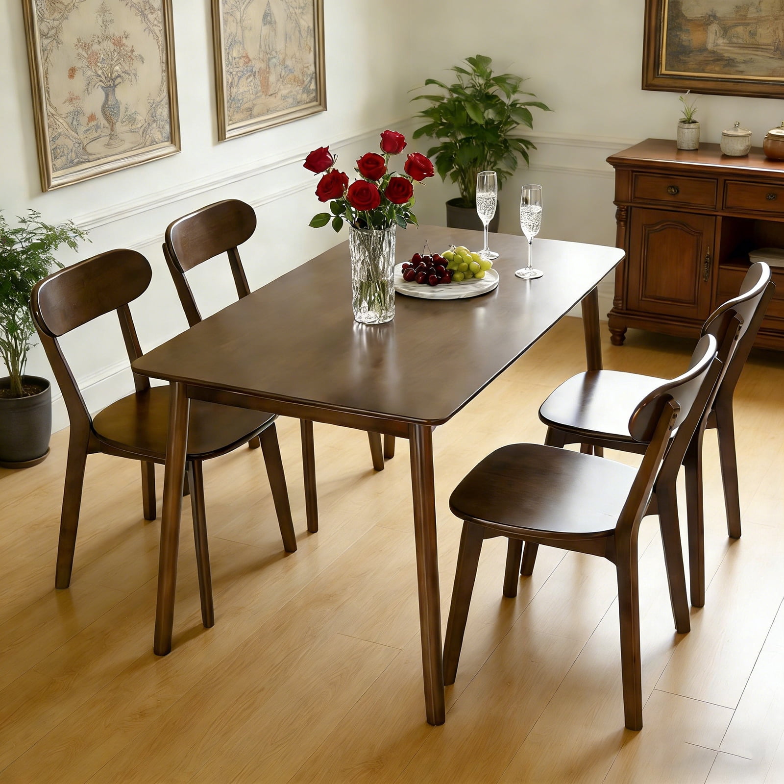 FFZ 47 inch Rectangular Mid Century Modern Solid Wood Kitchen Dining Table Rounded Corners, Walnut