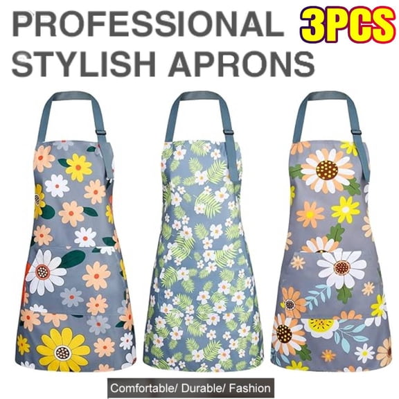 3 Pack Floral Aprons with Pocket, Blooming Womens Aprons Waterproof Adjustable Cooking Aprons for Kitchen Gardening and Salon