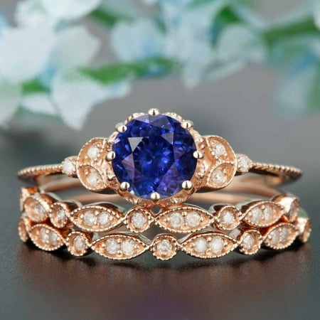 Timeless Designs Diamond Setting 2 Carat Round Cut Sapphire and Diamond Trio Bridal Ring Set in Rose Gold Timeless Ring ()
