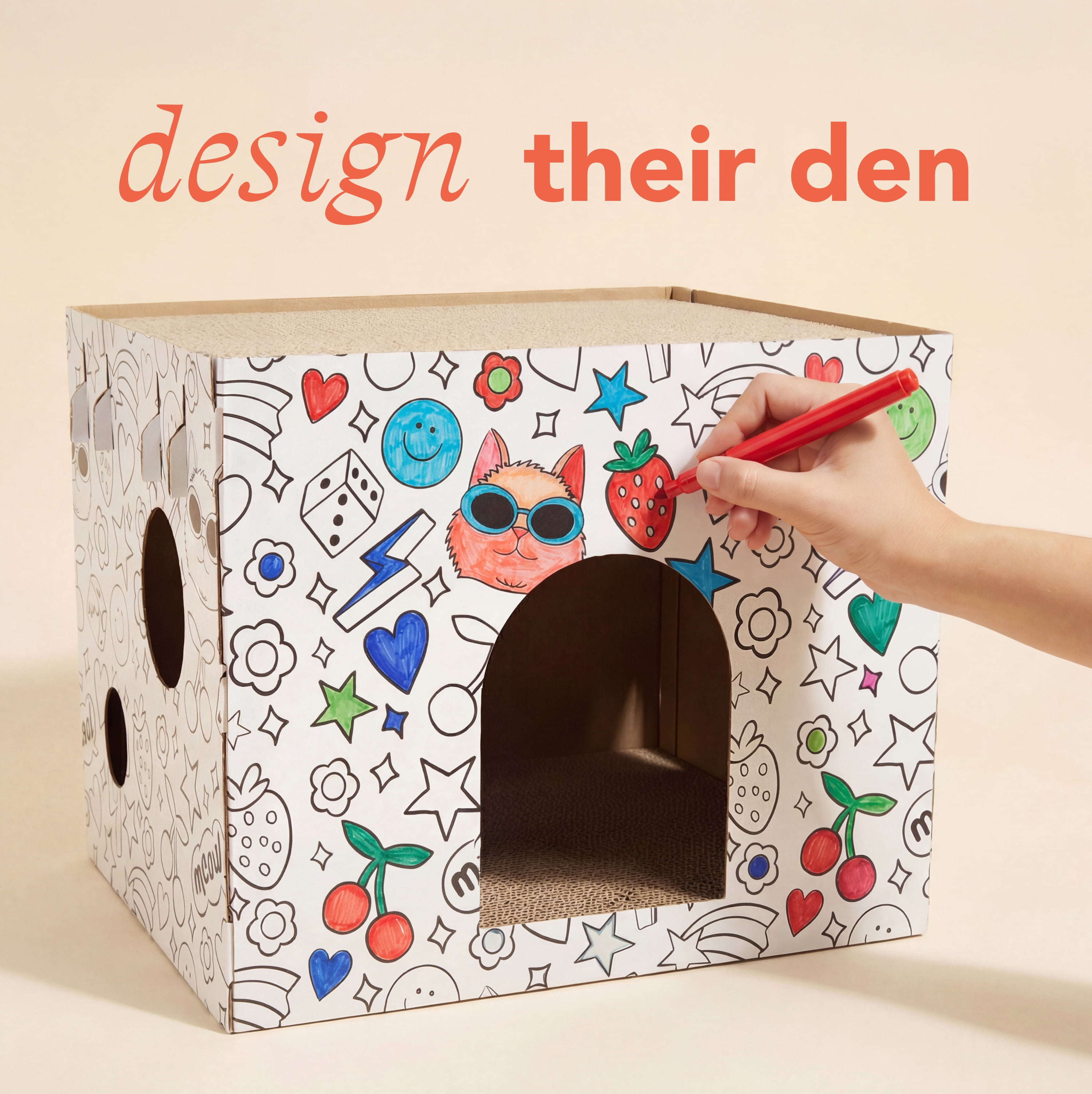 Oodles Customizable Doodle 1-Story Indoor Cardboard Cat Scratcher House with Durable Corrugated Scratching Pads, Multicolored, One Size
