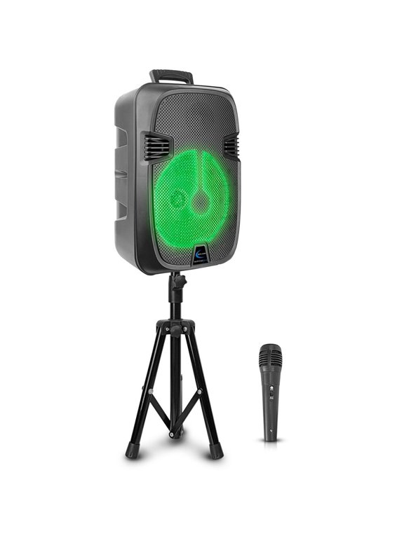 Restored Technical Pro Rechargeable 12 inch Bluetooth LED Speaker, FM Radio, LED Woofer, Playback Controls, Rechargeable Battery, SD/ USB Inputs, Tripod Included, TWS Stereo Sound, Wired Mic and Wireless Remot