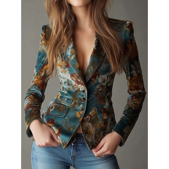 Women's Boho Floral Printed Blazer Lapel Long Sleeve Single Button Casual Retro Fall Suit Jacket