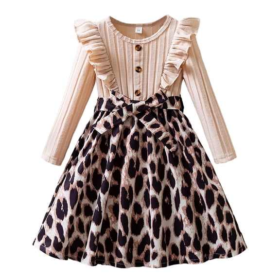 CAIVO Kids Casual Dresses Autumn Winter Girls Long Sleeve Dress With Flutter Sleeve Leopard Print Party Gown Festive Celebrations Elegant Attire Classic O-Neck Sundress