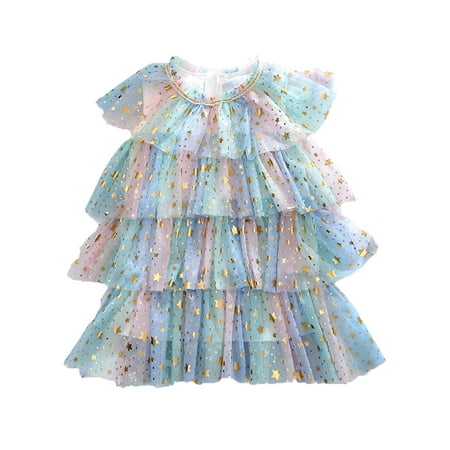 

Musuos Baby Girl Sequins Dress Rainbow Stars Mesh Tulle Layered Princess Cake Dresses