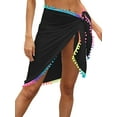 thumbnail image 5 of Women Pom Pom Trim Short Sarongs Beach Wrap Semi-Sheer Swimwear Cover Ups Skirt, 5 of 8