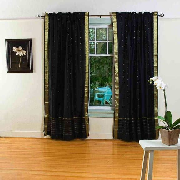Black Rod Pocket Sheer Sari Curtain / Drape / Panel - 80W x 63L - Pair