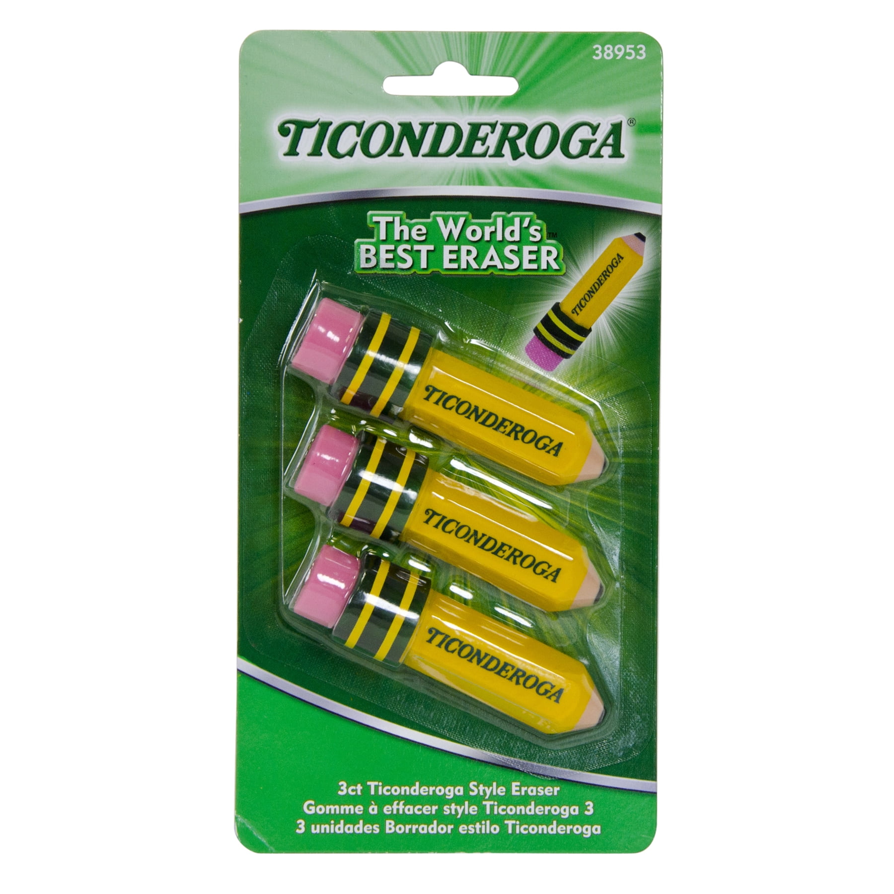 Ticonderoga Erasers, Pencil Shaped, Yellow, 3 Per Pack, 6 Packs