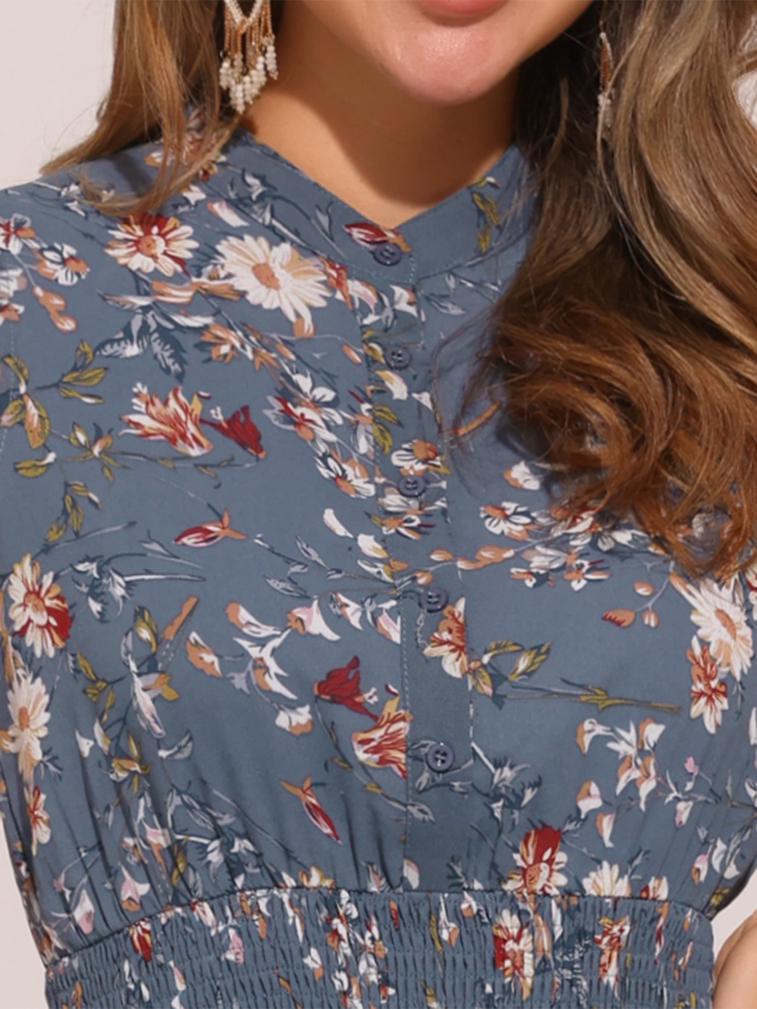 DARING DIVA Women's Floral Chiffon Smocked Mini Sleeveless A-Line Dress XS Gray Blue Flower